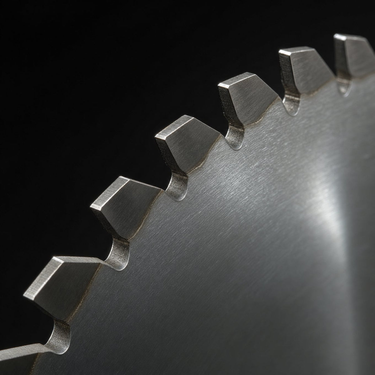 Close up of carbide tipped teeth on a TCT circular saw blade