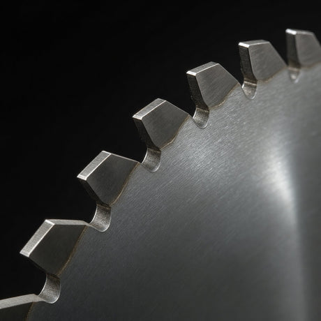 Close up of carbide tipped teeth on a TCT circular saw blade