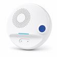 Round white WiFi water leak detector with speaker grille, test button and probe contacts