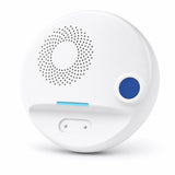 Round white WiFi water leak detector with speaker grille, test button and probe contacts