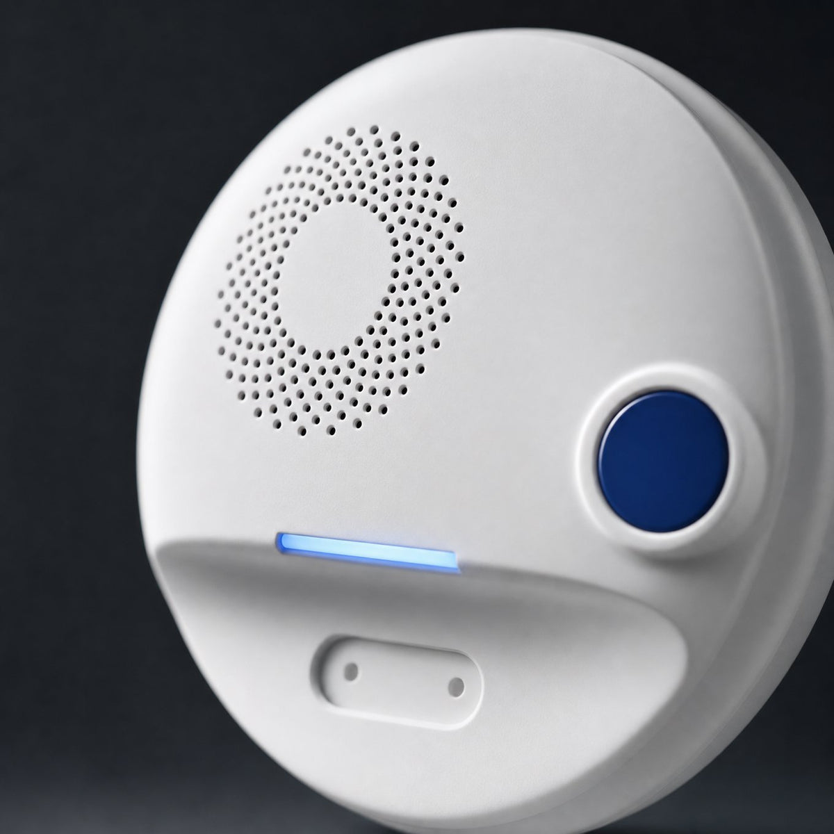 Close up of water leak detector speaker grille, blue test button and indicator light