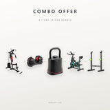 Combo offer: multifunctional gym station, adjustable dumbbells, kettlebell, commercial spin bike and squat rack
