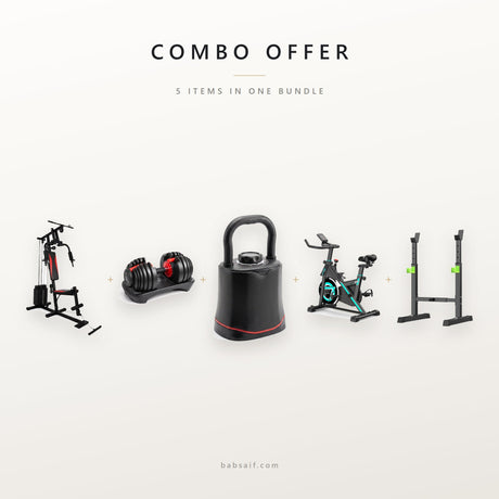 Combo offer: multifunctional gym station, adjustable dumbbells, kettlebell, commercial spin bike and squat rack