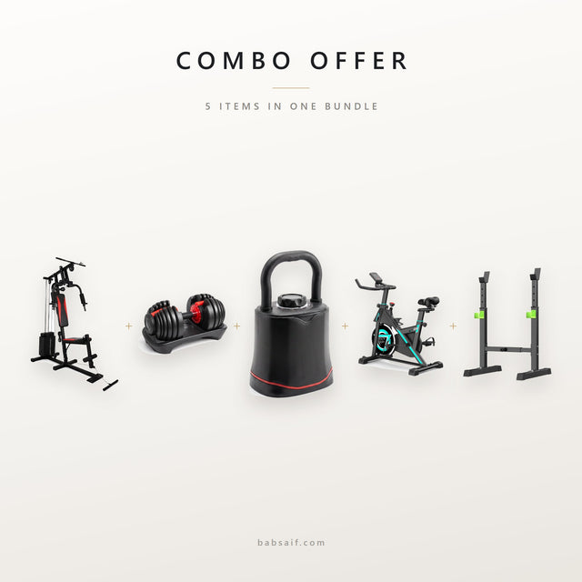 Combo offer: multifunctional gym station, adjustable dumbbells, kettlebell, commercial spin bike and squat rack