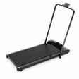 Walking pad treadmill with upright handle, LED display and device holder, black, on white background