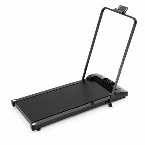 Walking pad treadmill with upright handle, LED display and device holder, black, on white background