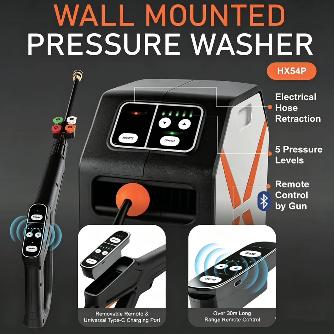 Wall Mounted High Pressure Washer 2200W 150 Bar with 30M Auto Retractable Hose Reel - BAS Kuwait Car Wash BAS 